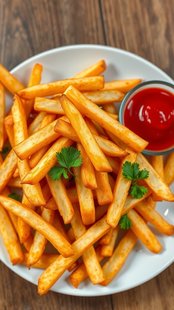A serving of crispy potato fries in a bowl with parsley garnish and ketchup on a wooden table.